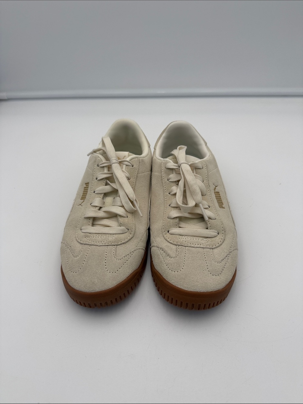 Puma Cream Suede Sneakers with Gum Outsole and Gold Logo